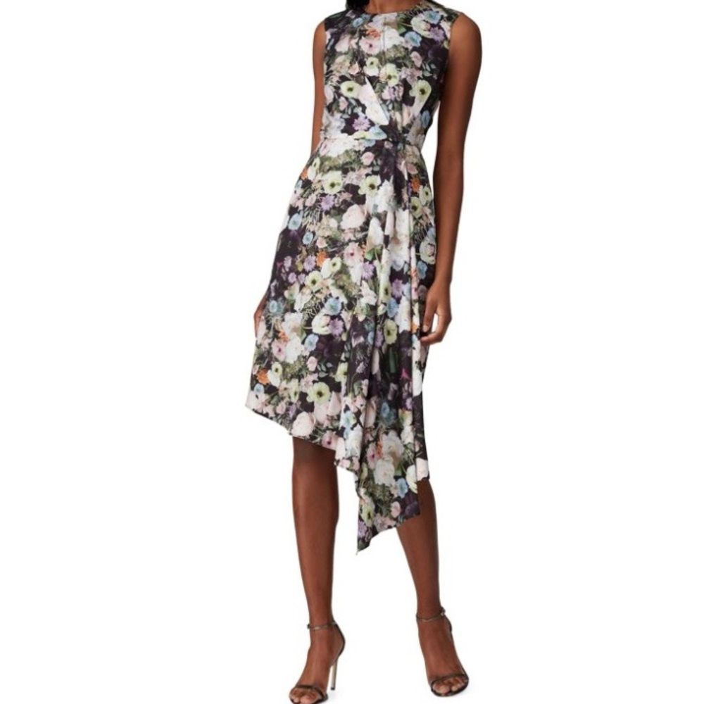 Adam Lippes Floral Midi Dress Size 8 Draped Asymmetrical Pleated Wedding Guest